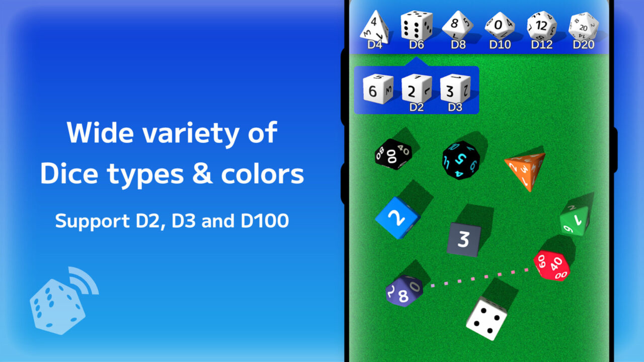 Wide variety of Dice types & colors. Support D2, D3 and D100